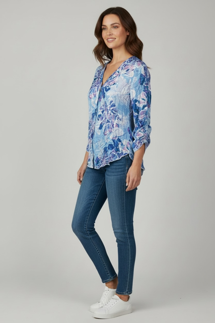 Snoskins Printed Crinkle V-neck Button Shirt in Blush Maze view 10 - Joanna Hope Printed Crinkle Shirt (top)