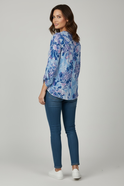 Snoskins Printed Crinkle V-neck Button Shirt in Blush Maze view 11 - Joanna Hope Printed Crinkle Shirt (top)