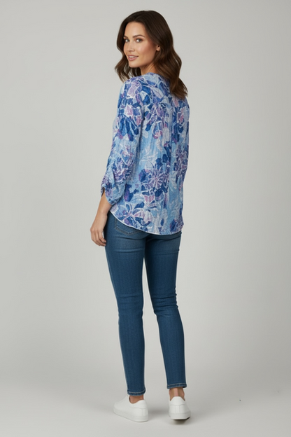Snoskins Printed Crinkle V-neck Button Shirt in Blush Maze view 11 - Joanna Hope Printed Crinkle Shirt (top)