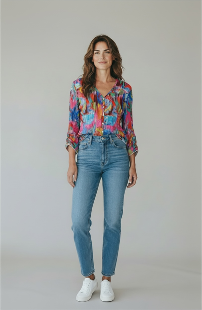 Snoskins Printed Crinkle V-neck Button Shirt in Blush Maze view 8 - Joanna Hope Printed Crinkle Shirt (top)