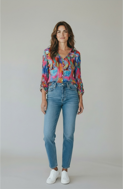 Snoskins Printed Crinkle V-neck Button Shirt in Blush Maze view 8 - Joanna Hope Printed Crinkle Shirt (top)