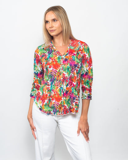 Snoskins Printed Crinkle V-neck Button Shirt in Botanical Hour view 2 - Joanna Hope Printed Crinkle Shirt (top)