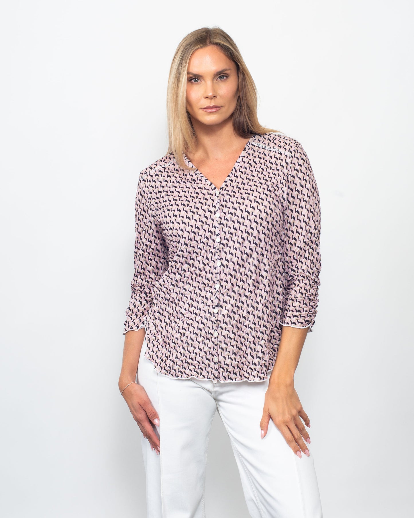 Snoskins Printed Crinkle V-neck Button Shirt in Botanical Hour view 3 - Joanna Hope Printed Crinkle Shirt (top)