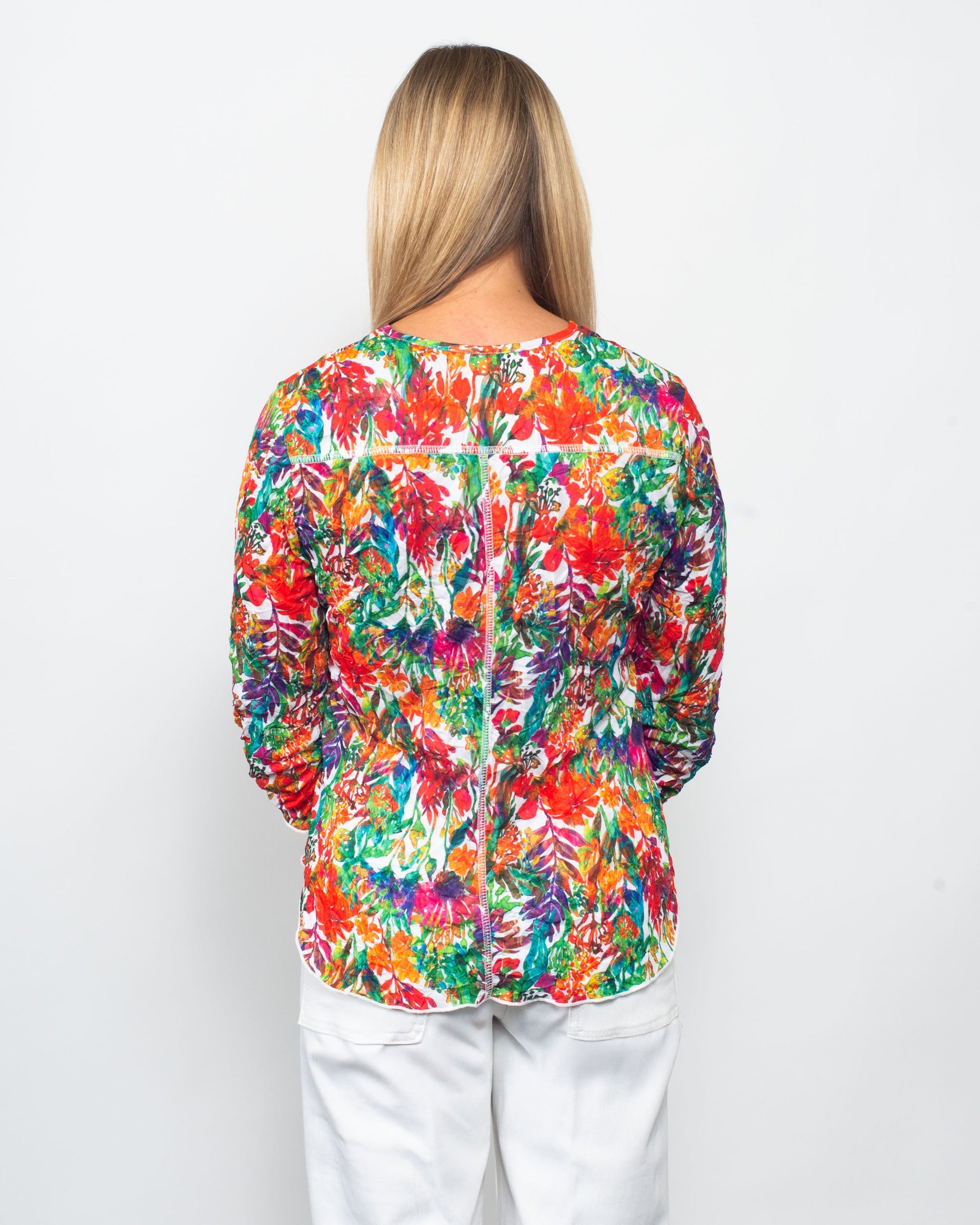 Snoskins Printed Crinkle V-neck Button Shirt in Botanical Hour view 5 - Joanna Hope Printed Crinkle Shirt (top)