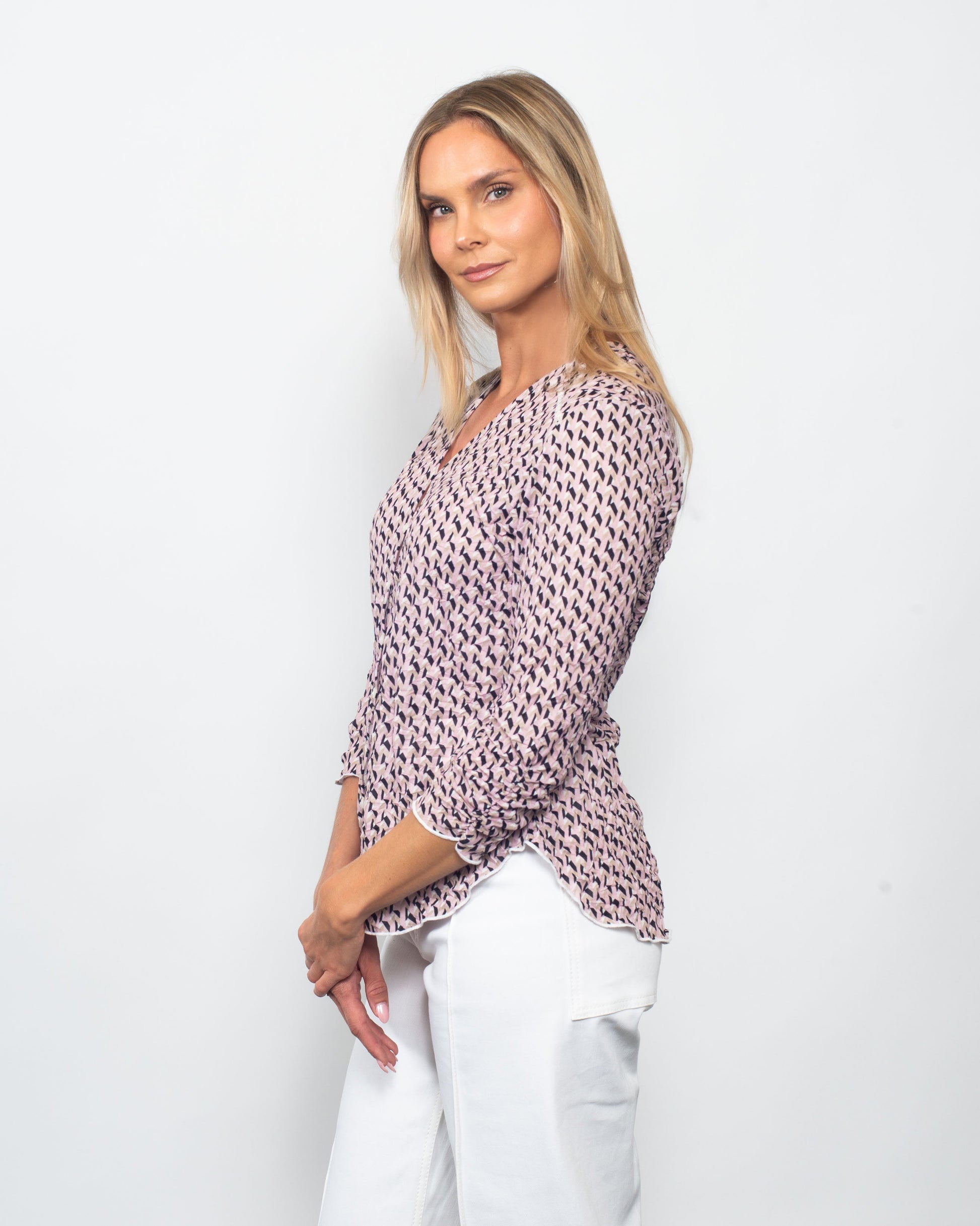 Snoskins Printed Crinkle V-neck Button Shirt in Botanical Hour view 6 - Joanna Hope Printed Crinkle Shirt (top)
