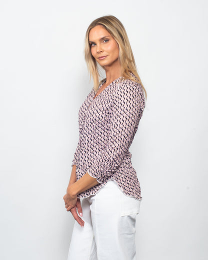 Snoskins Printed Crinkle V-neck Button Shirt in Botanical Hour view 6 - Joanna Hope Printed Crinkle Shirt (top)