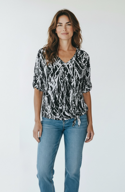 Snoskins Printed Crinkle V-neck Tie Front Top in Petalstone view 7 - Crinkle Tie Front Cotton Top