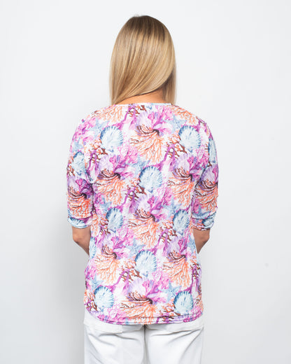 Snoskins Printed Crinkle V-neck Tie Front Top in Seascape view 2 - Crinkle Tie Front Cotton Top