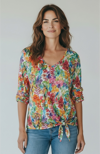 Snoskins Printed Crinkle V-neck Tie Front Top in Seascape view 5 - Crinkle Tie Front Cotton Top