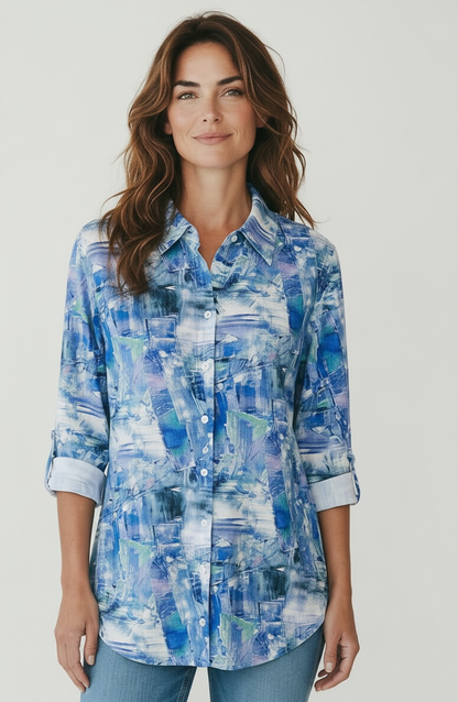 Snoskins Printed Viscose Buttoned Shirt with Tab Sleeve in Fresco - Printed Viscose Short Sleeve Shirt (top)