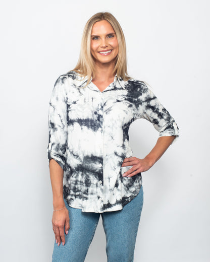 Snoskins Printed Viscose Buttoned Shirt with Tab Sleeve in Fresco view 3 - Printed Viscose Short Sleeve Shirt (top)
