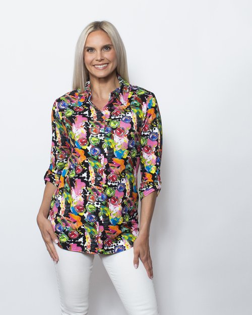 Snoskins Printed Viscose Buttoned Shirt with Tab Sleeve in Fresco view 6 - Printed Viscose Short Sleeve Shirt (top)