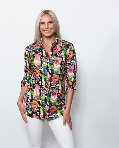 Snoskins Printed Viscose Buttoned Shirt with Tab Sleeve in Fresco view 6 - Printed Viscose Short Sleeve Shirt (top)