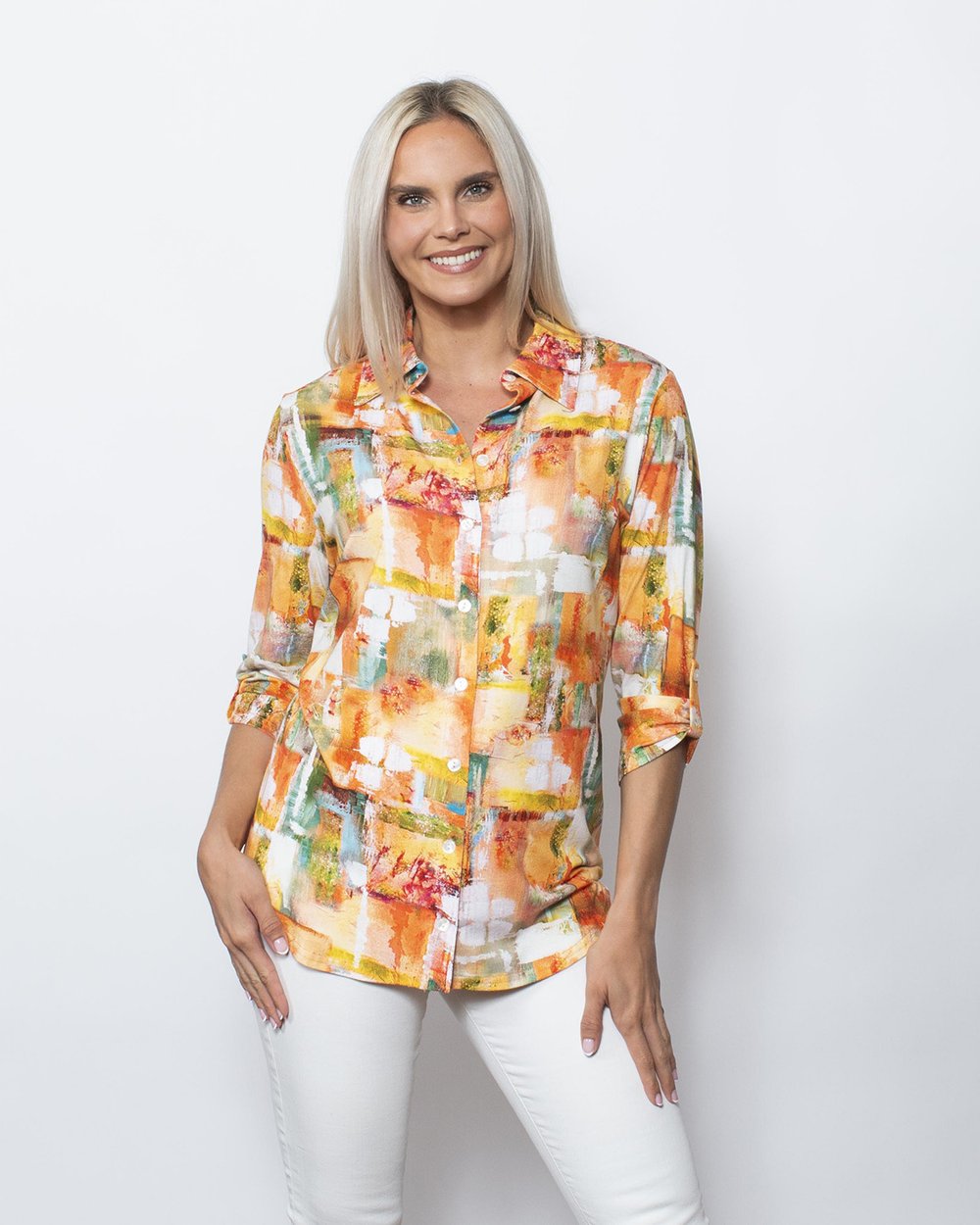 Snoskins Printed Viscose Buttoned Shirt with Tab Sleeve in Bubbles view 7 - Printed Viscose Short Sleeve Shirt (top)