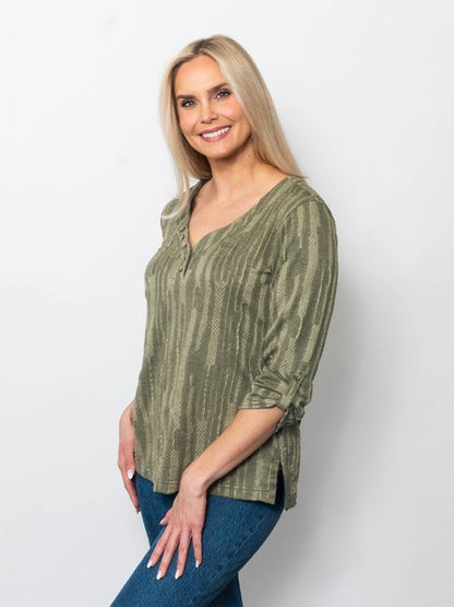 Snoskins Stripe Jacquard V-neck Henley Top in Moss view 2 - Striped Jacquard Henley Shirt