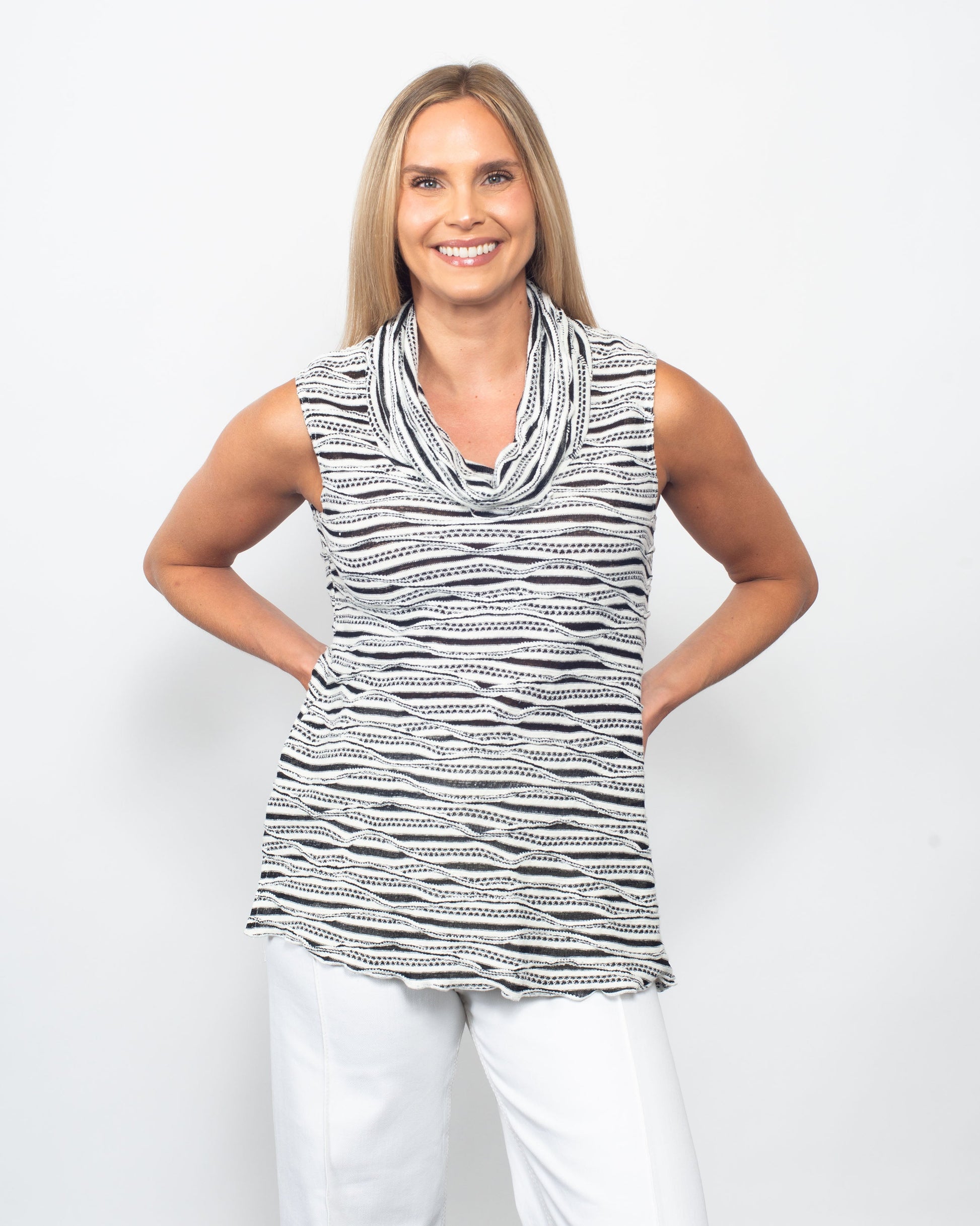 Snoskins Twisted Stripe 3/4 Sleeve Cowl Neck Tank in Black/White view 2 - Cowl Tank (top)
