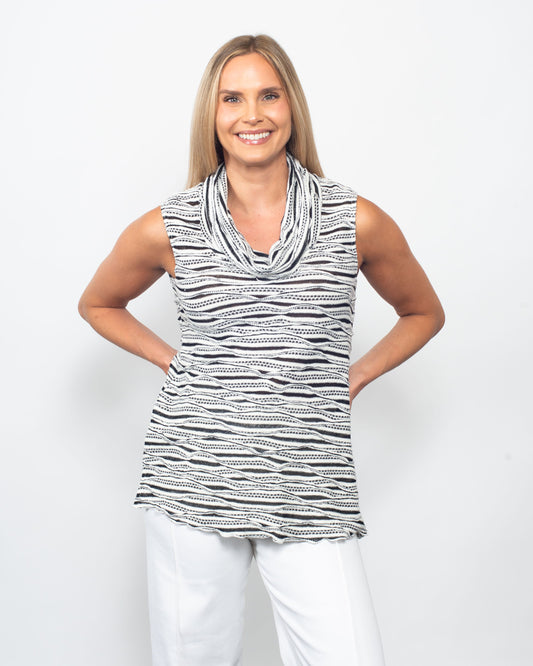Snoskins Twisted Stripe 3/4 Sleeve Cowl Neck Tank in Black/White view 2 - Cowl Tank (top)