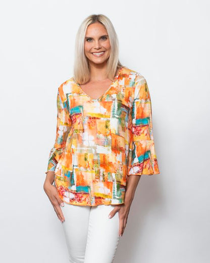 Snoskins Viscose V-neck Flounce Sleeve Top in Bali view 2 - Viscose Long Sleeve