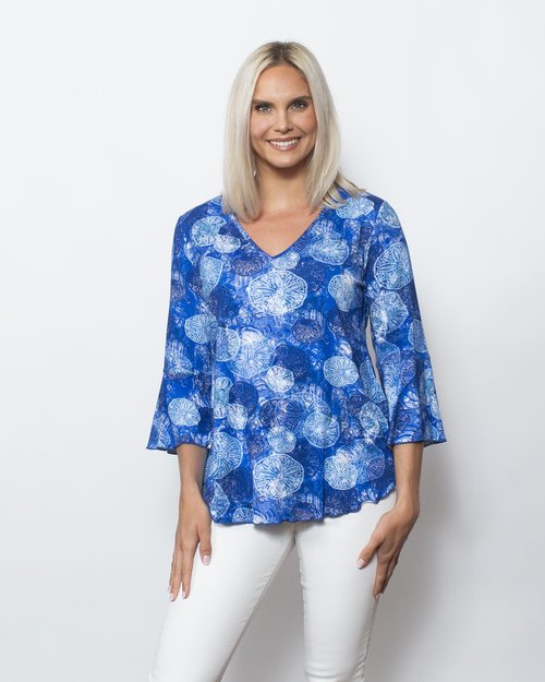 Snoskins Viscose V-neck Flounce Sleeve Top in Bali view 3 - Viscose Long Sleeve