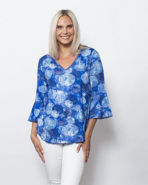 Snoskins Viscose V-neck Flounce Sleeve Top in Bali view 4 - Viscose Long Sleeve