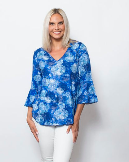 Snoskins Viscose V-neck Flounce Sleeve Top in Bali view 4 - Viscose Long Sleeve