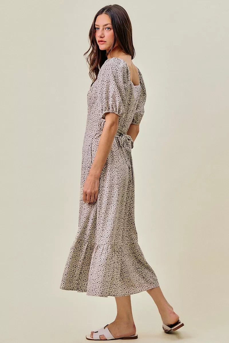 So Me Ditsy Floral Self Belt on Elastic Waist Maxi Dress OFF WHITE/BLACK view 2 (dress) - ditsy floral  - shop at us.meeeshop
