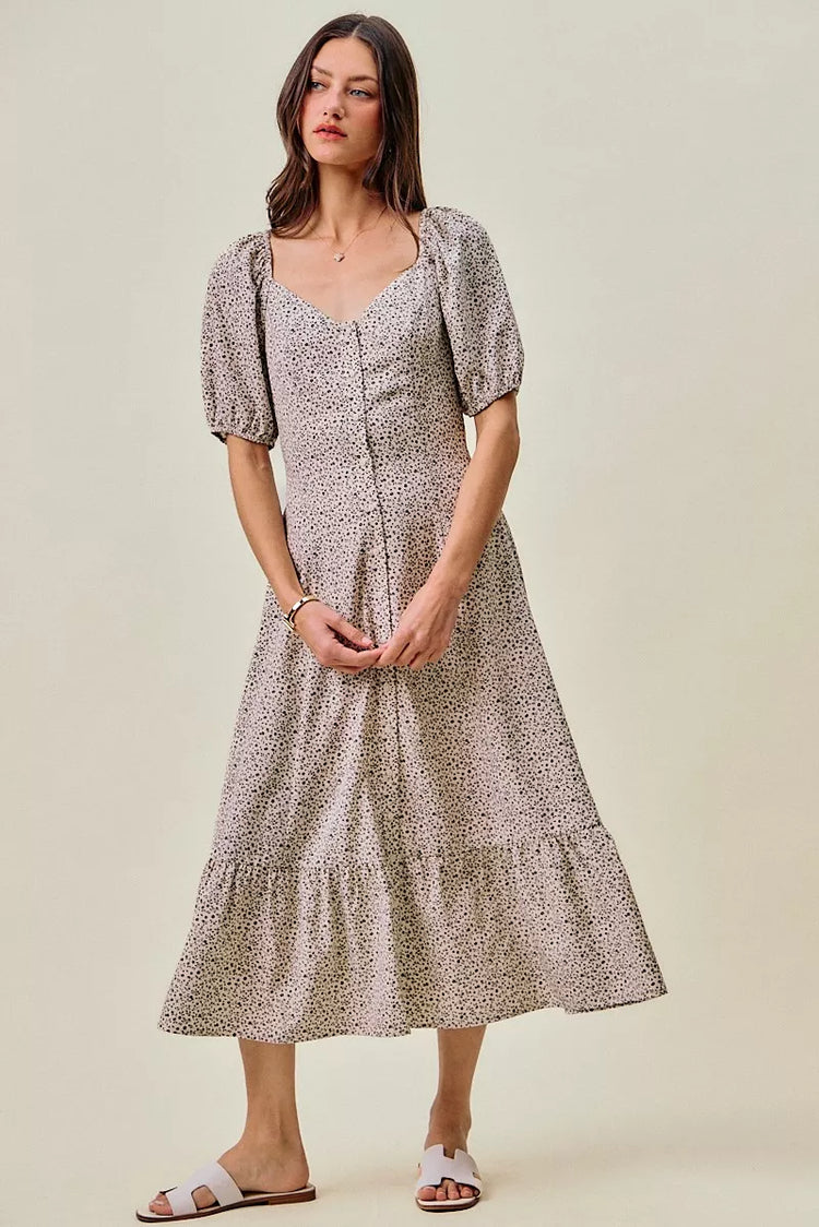 So Me Ditsy Floral Self Belt on Elastic Waist Maxi Dress OFF WHITE/BLACK view 4 (dress) - ditsy floral  - shop at us.meeeshop