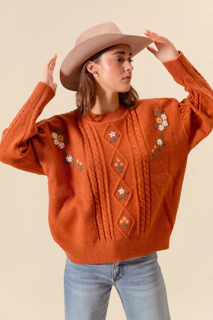 So Me Embroidered Flower Cable Knitted Sweater in BRICK - Fall Wardrobe Essential - Embroidered Flower Sweater Women