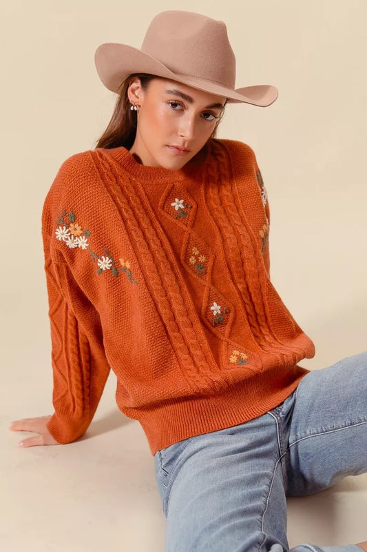 So Me Embroidered Flower Cable Knitted Sweater in BRICK view 2 - Fall Wardrobe Essential - Embroidered Flower Sweater Women