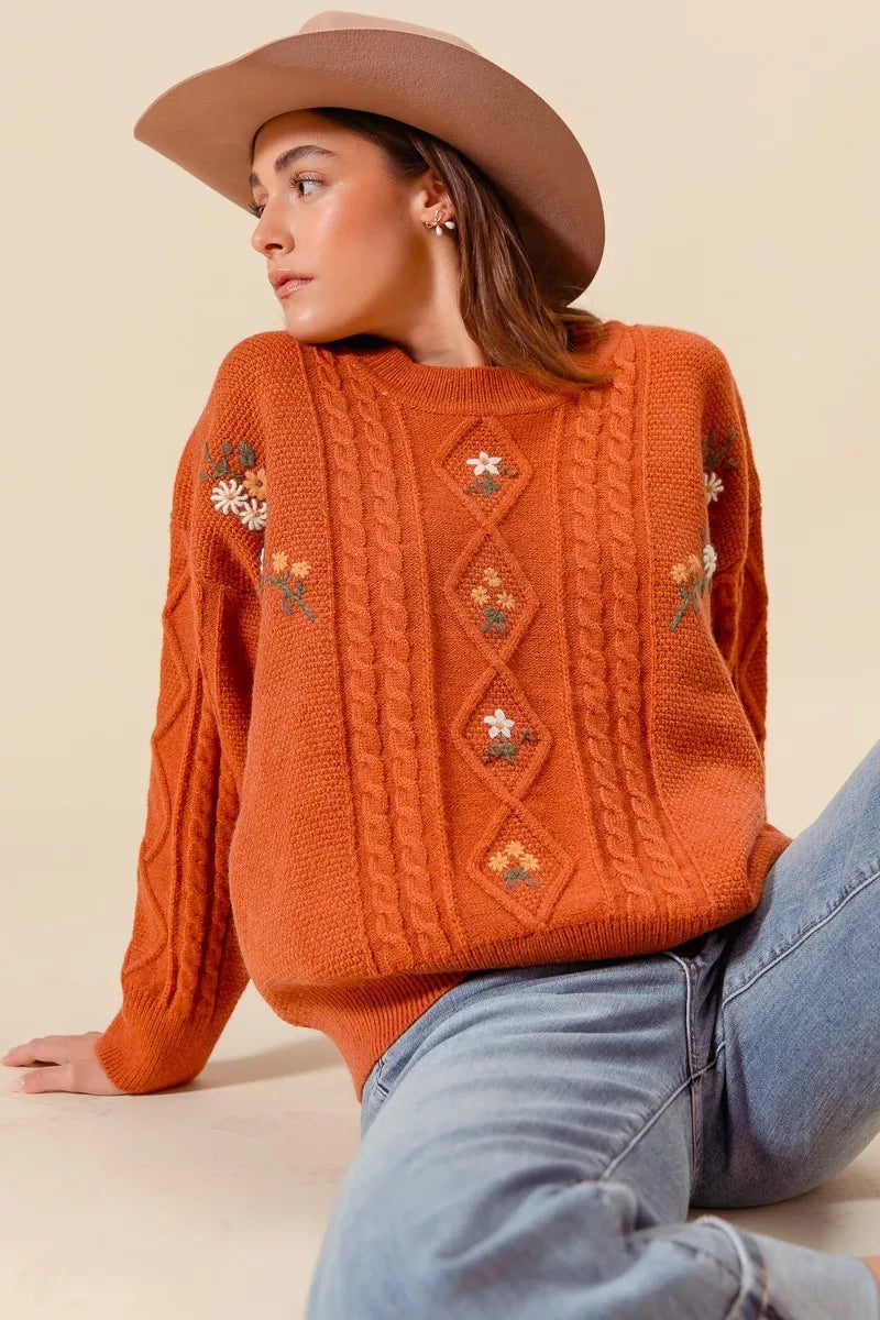 So Me Embroidered Flower Cable Knitted Sweater in BRICK view 3 - Fall Wardrobe Essential - Embroidered Flower Sweater Women