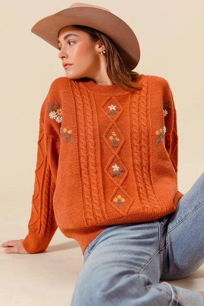 So Me Embroidered Flower Cable Knitted Sweater in BRICK view 3 - Fall Wardrobe Essential - Embroidered Flower Sweater Women