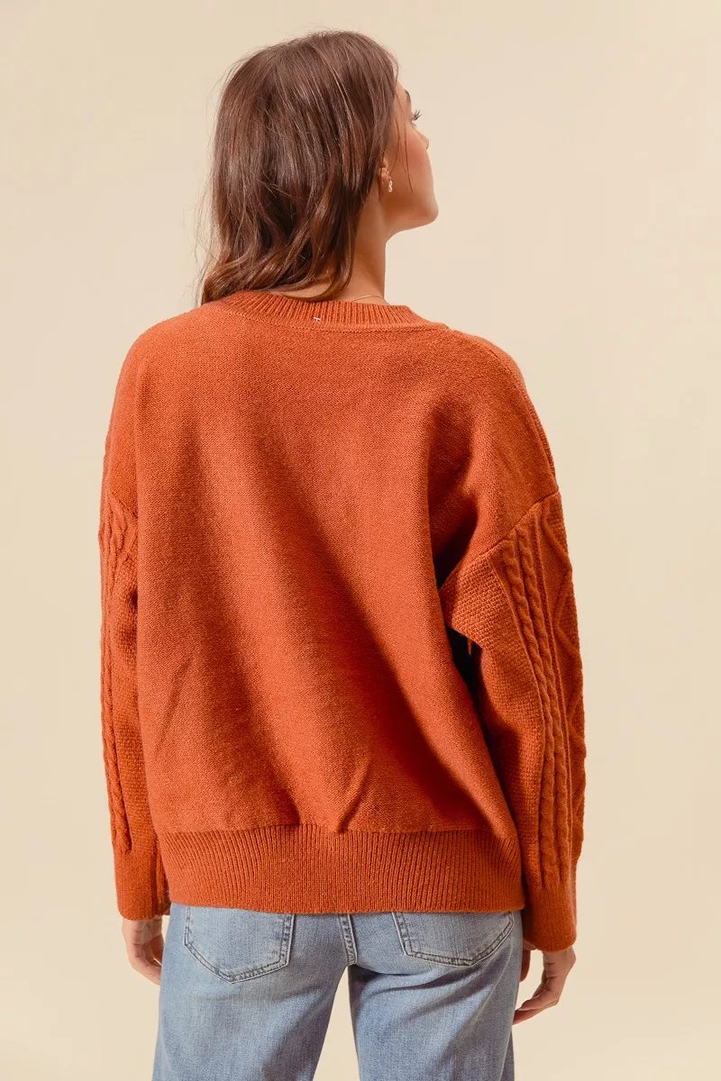 So Me Embroidered Flower Cable Knitted Sweater in BRICK view 4 - Fall Wardrobe Essential - Embroidered Flower Sweater Women