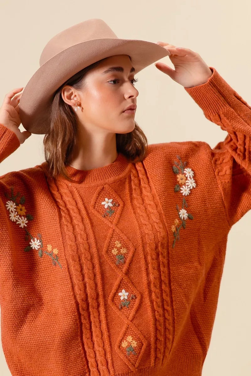 So Me Embroidered Flower Cable Knitted Sweater view 5 - Fall Wardrobe Essential - Embroidered Flower Sweater Women
