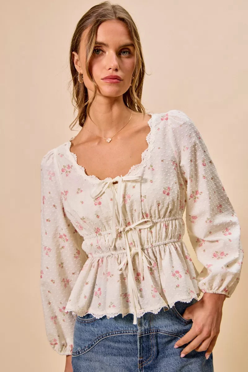 So Me Floral Clip Dot Lace Trim Ruched Bodice Blouse WHITE (top) - border floral clip pleated blouse, b - shop at us.meeeshop