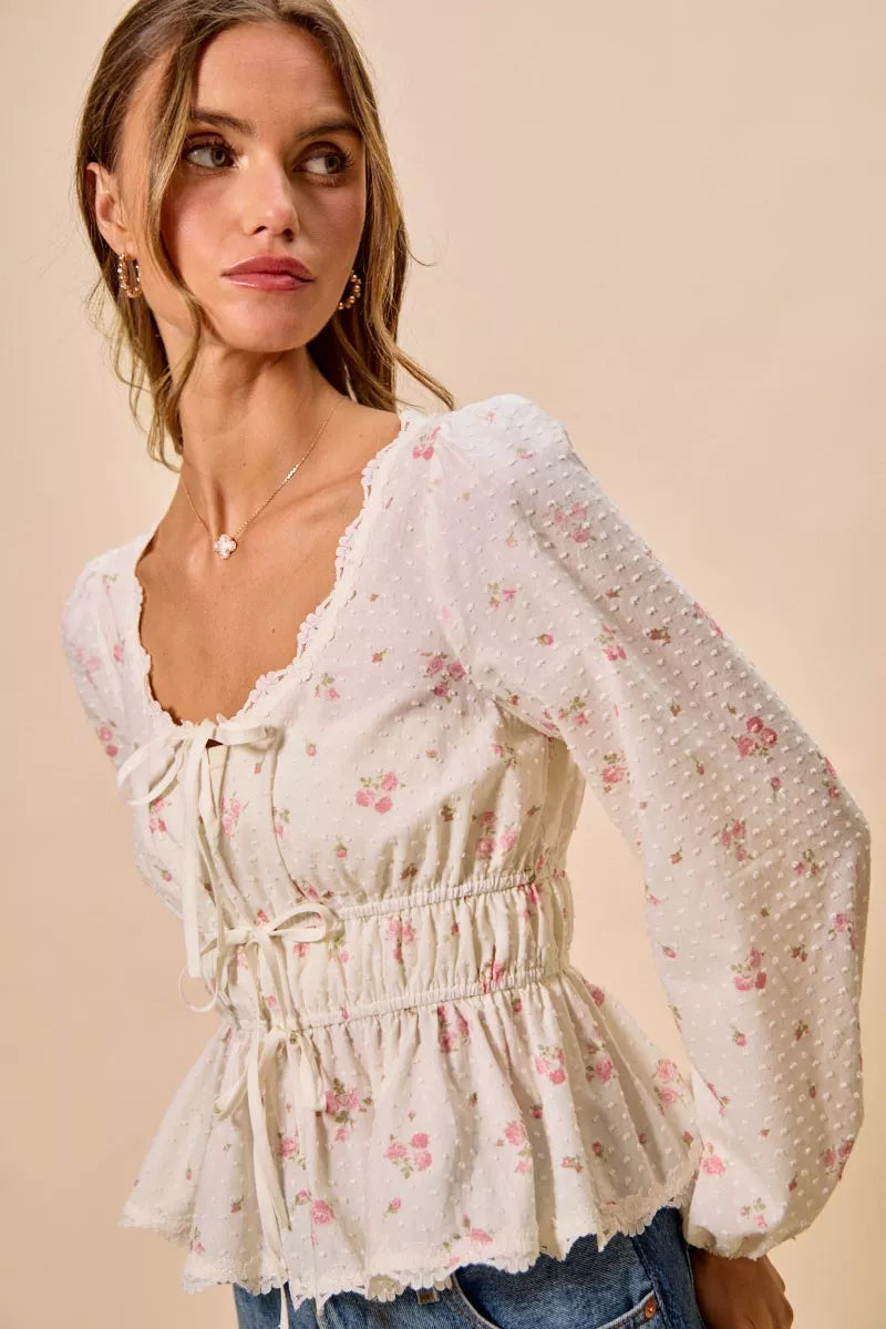 So Me Floral Clip Dot Lace Trim Ruched Bodice Blouse WHITE view 2 (top) - border floral clip pleated bl - shop at us.meeeshop