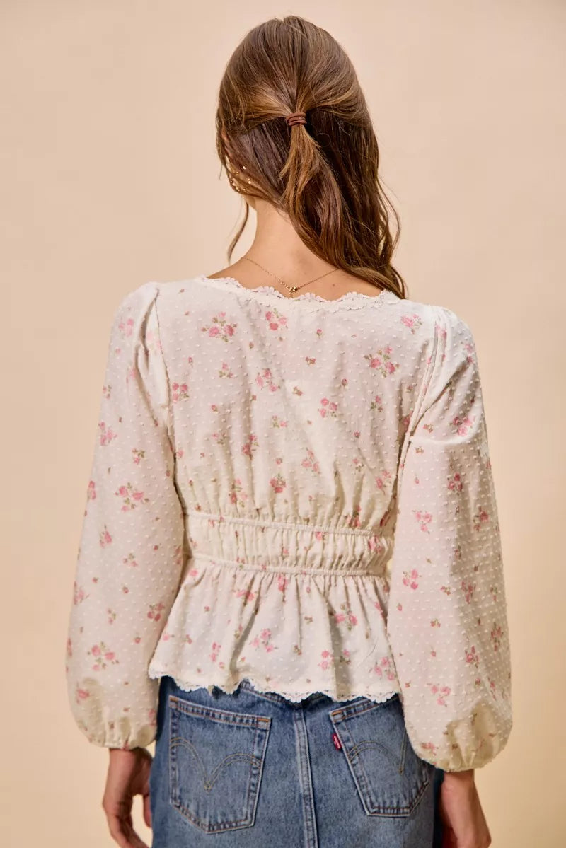 So Me Floral Clip Dot Lace Trim Ruched Bodice Blouse WHITE view 3 (top) - border floral clip pleated bl - shop at us.meeeshop