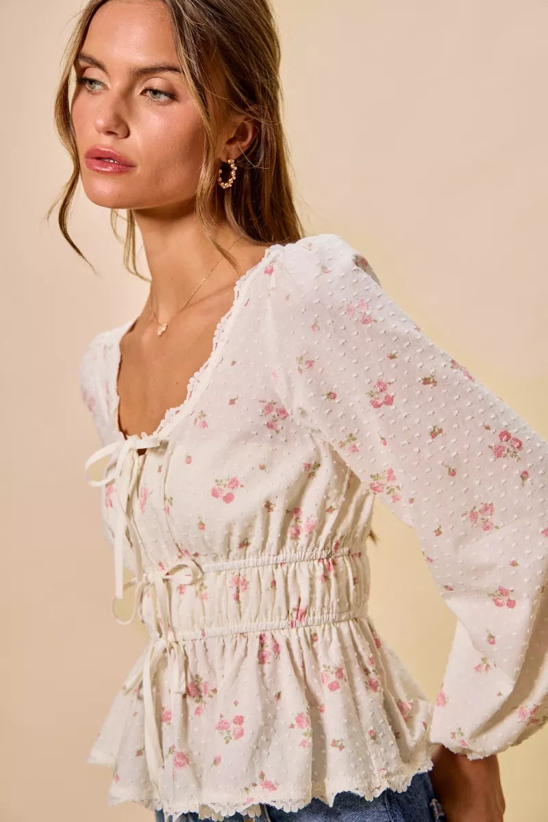 So Me Floral Clip Dot Lace Trim Ruched Bodice Blouse WHITE view 4 (top) - border floral clip pleated bl - shop at us.meeeshop