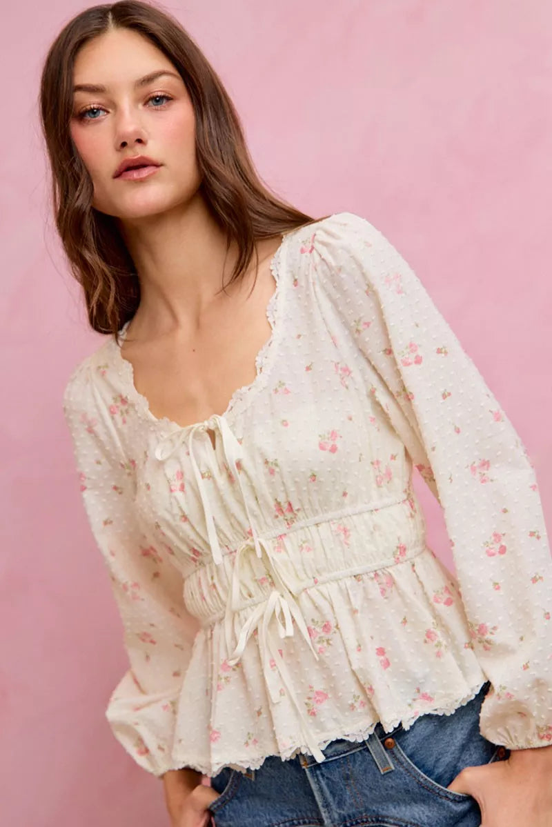 So Me Floral Clip Dot Lace Trim Ruched Bodice Blouse view 5 (top) - border floral clip pleated blouse,  - shop at us.meeeshop