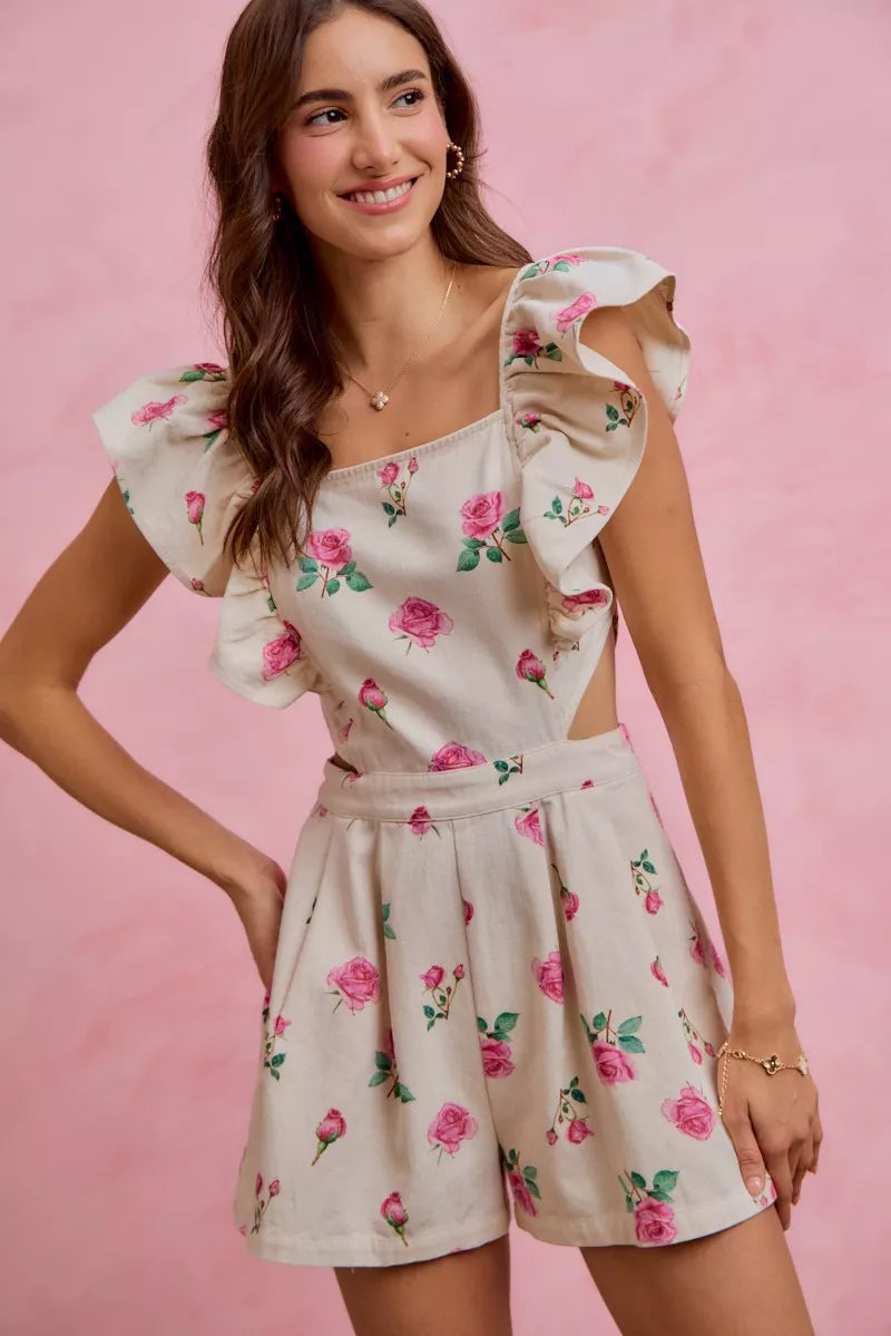 So Me Floral Print Denim Cut Out Waist Ruffled Romper in IVORY/PINK - Floral Print Romper Women'S (bottom)