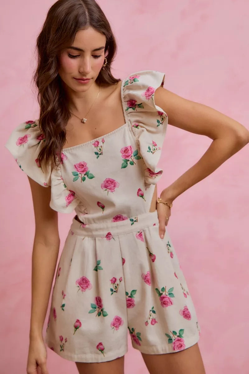 So Me Floral Print Denim Cut Out Waist Ruffled Romper view 10 - Floral Print Romper Women'S (bottom)