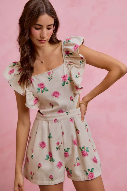 So Me Floral Print Denim Cut Out Waist Ruffled Romper view 10 - Floral Print Romper Women'S (bottom)
