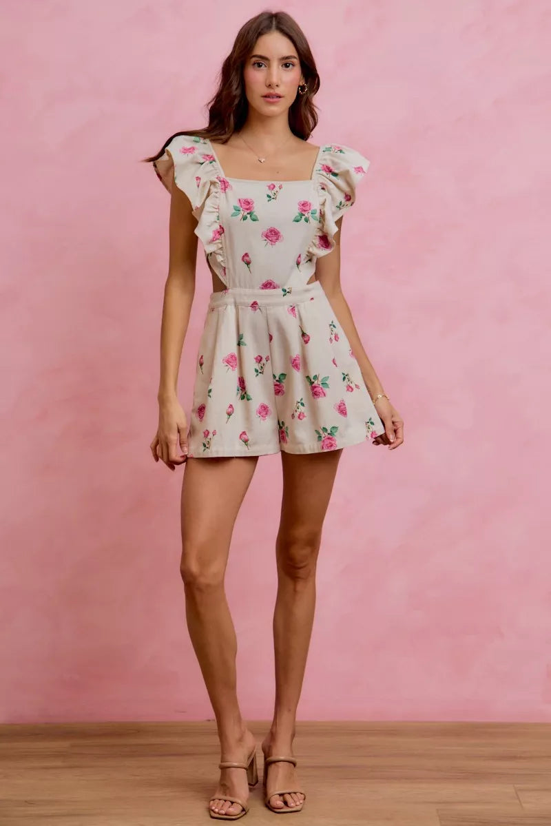 So Me Floral Print Denim Cut Out Waist Ruffled Romper view 11 - Floral Print Romper Women'S (bottom)