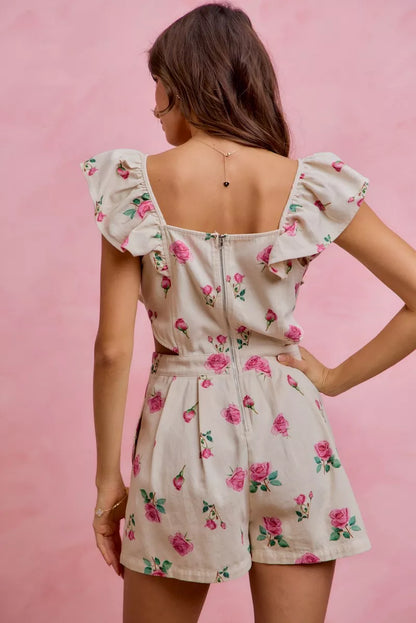 So Me Floral Print Denim Cut Out Waist Ruffled Romper in IVORY/PINK view 2 - Floral Print Romper Women'S (bottom)
