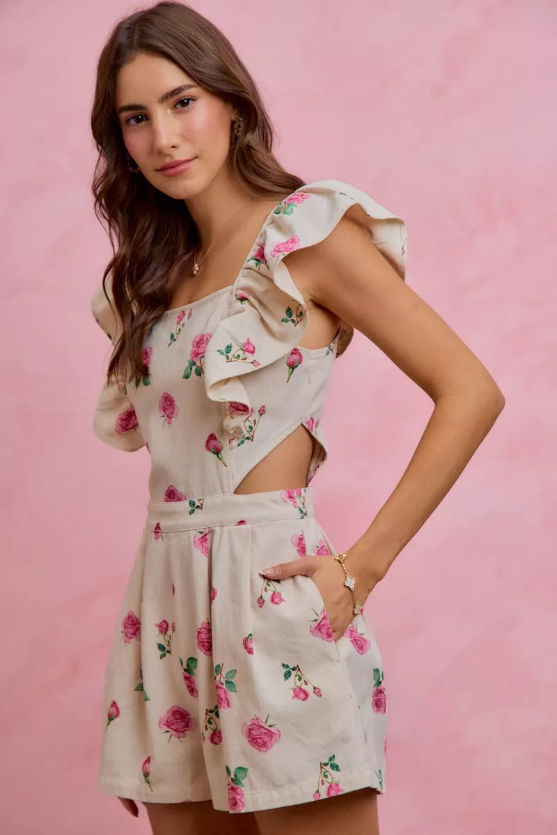 So Me Floral Print Denim Cut Out Waist Ruffled Romper in IVORY/PINK view 3 - Floral Print Romper Women'S (bottom)