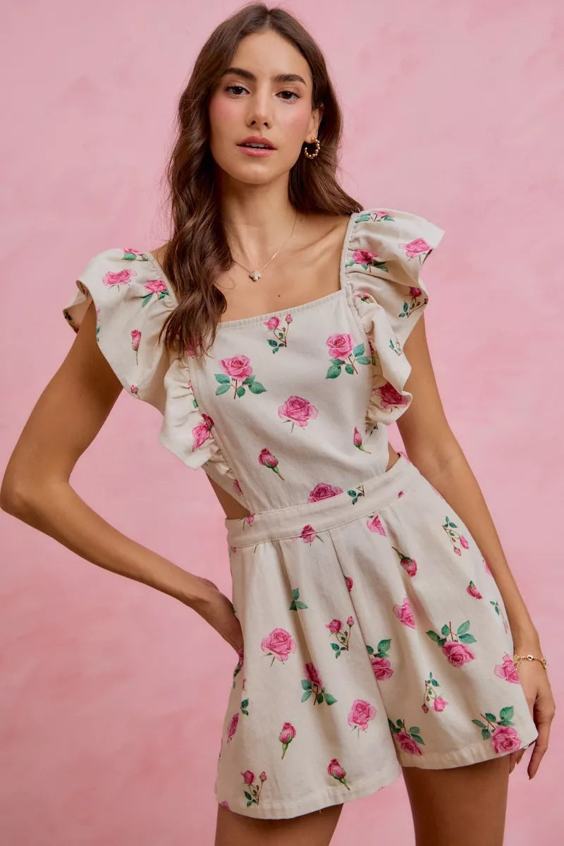 So Me Floral Print Denim Cut Out Waist Ruffled Romper view 4 - Floral Print Romper Women'S (bottom)