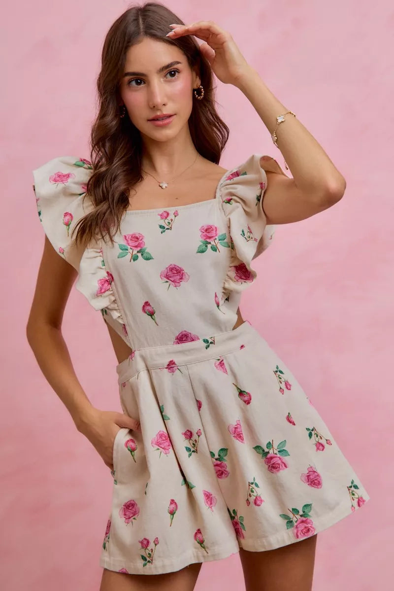 So Me Floral Print Denim Cut Out Waist Ruffled Romper view 5 - Floral Print Romper Women'S (bottom)