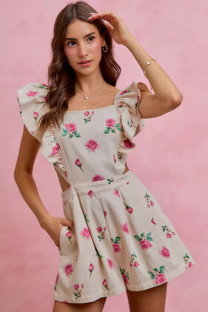 So Me Floral Print Denim Cut Out Waist Ruffled Romper view 5 - Floral Print Romper Women'S (bottom)