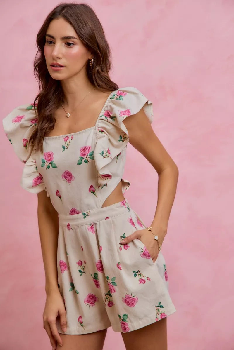 So Me Floral Print Denim Cut Out Waist Ruffled Romper view 6 - Floral Print Romper Women'S (bottom)