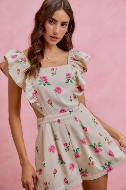 So Me Floral Print Denim Cut Out Waist Ruffled Romper view 7 - Floral Print Romper Women'S (bottom)
