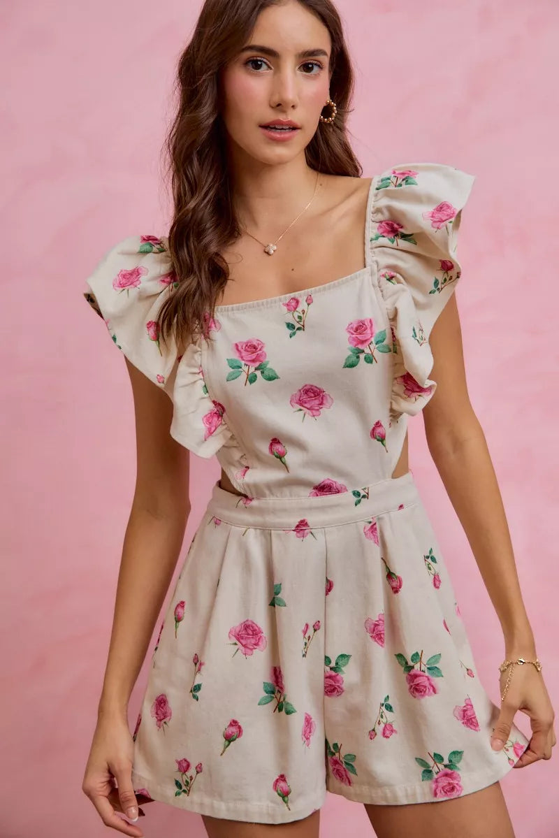 So Me Floral Print Denim Cut Out Waist Ruffled Romper view 8 - Floral Print Romper Women'S (bottom)